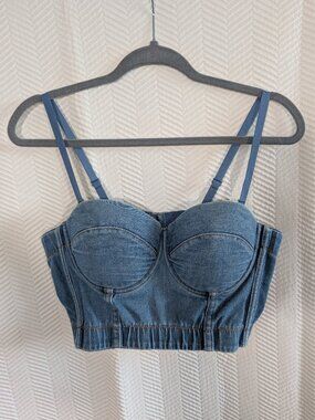 Denim Bustier Crop Top Structured Cups Blue Jean Size XL Y2K Festival Streetwear